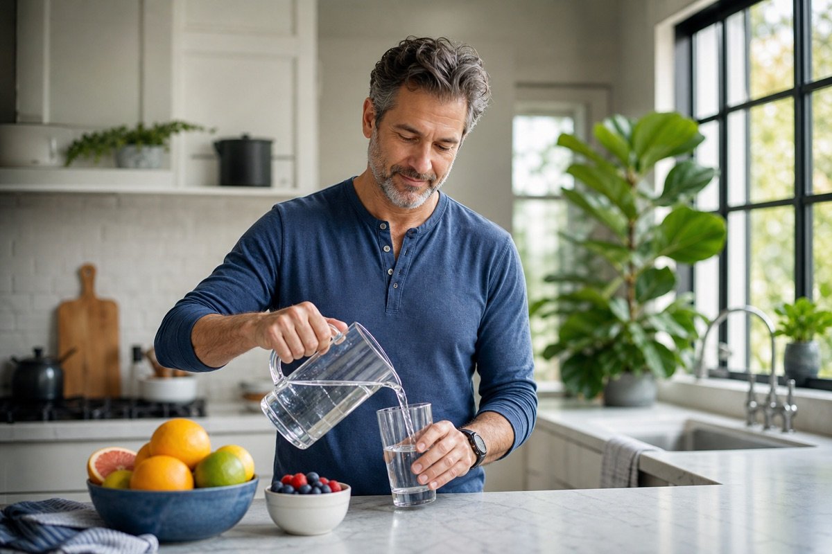 Man starting a simple morning wellness routine with water and fresh fruit