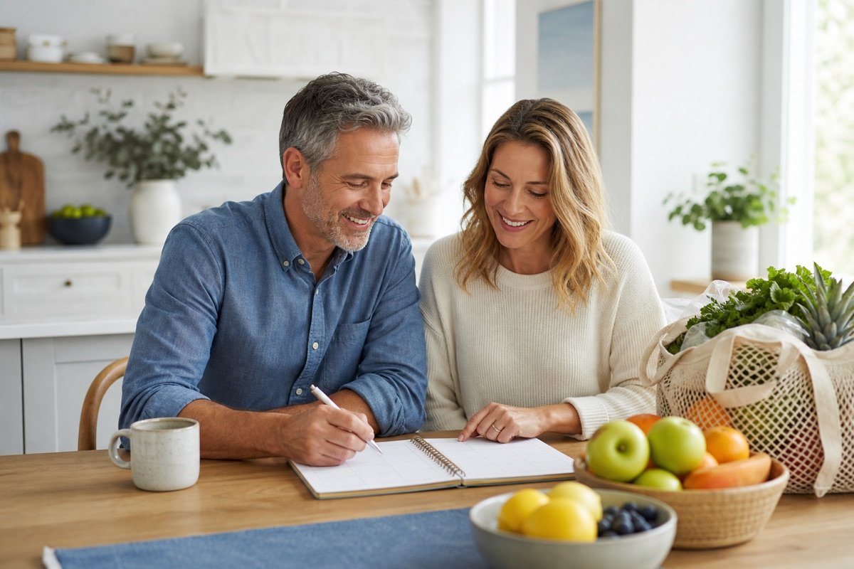 Couple planning a sustainable healthy household routine